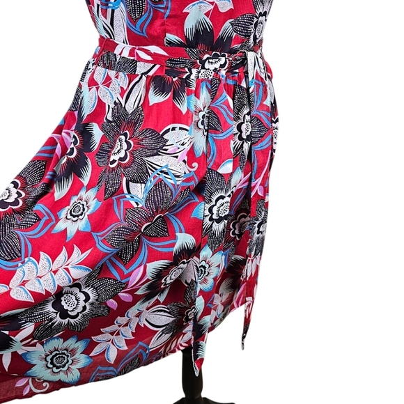 Talbots Red Jacquard Floral Tie Waist Fit & Flare Dress 10P Cotton Preppy Summer - Picture 13 of 16